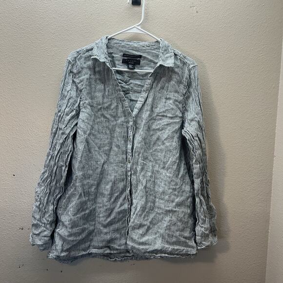 Tahari Linen Top XL Striped Print Button Front Tunic Shirt Roll Tab Minimalist - Picture 1 of 5